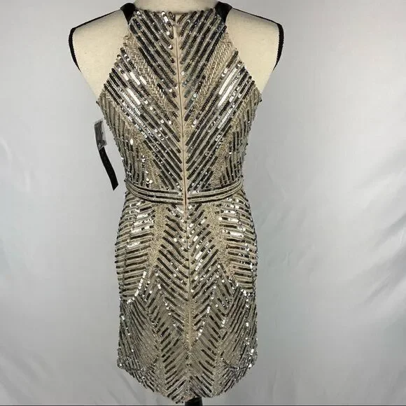 NWT Aidan Mattox Champagne Beaded Cocktail Dress Size Small